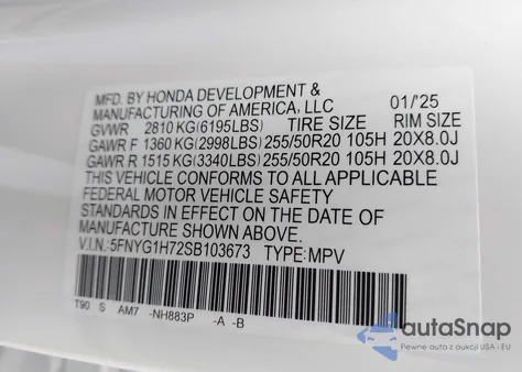 2025 Honda Pilot Touring z USA, uszkodzony, nr VIN 5FNYG1H72SB103673